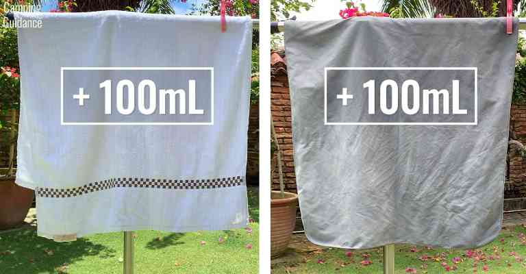 Adding 100mL (3.4 fluid ounces) of water to each towel (cotton and Sea to Summit Drylite towel).