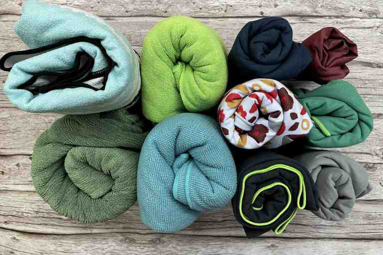 Here are all the camping towels that I bought and tested. View is from the top. (10 towels)