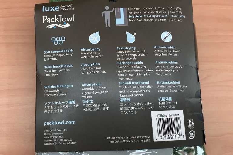The back packaging of the PackTowl Luxe.
