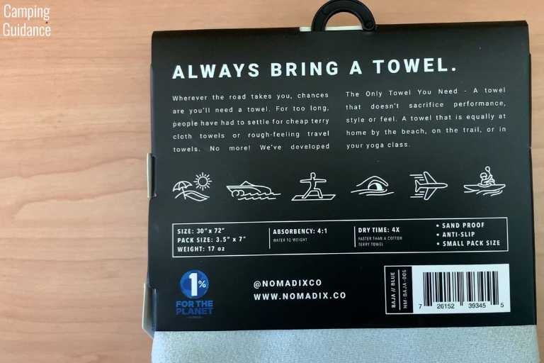 The back packaging of the unopened Nomadix Original Towel. 