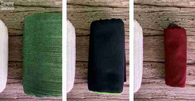 Packed size of the PackTowl Luxe (left), the PackTowl Personal (middle), and the Matador Nanodry towel (right).