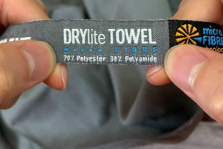 The Sea to Summit Drylite towel, has a 70% polyester and 30% poloyamide/nylon blend.