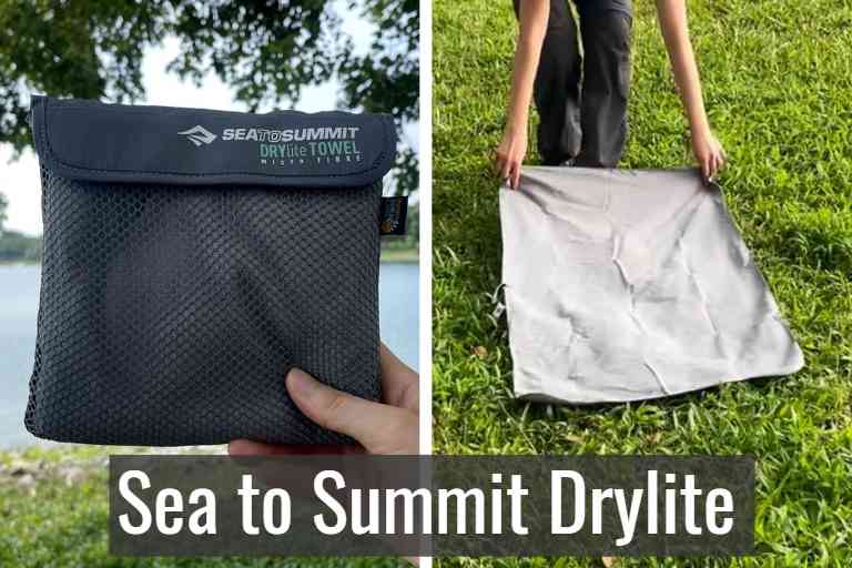 Sea to Summit DryLite towel in storage pouch (left), and Sea to Summit DryLite towel unfolded (right).