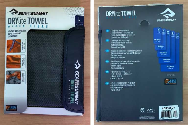 Front packaging (left) and back packaging (right) of the Sea to Summit Drylite Towel.