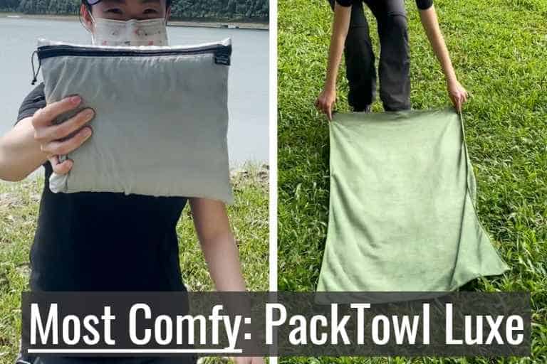 PackTowl Luxe towel in storage pouch (left), and PackTowl Luxe towel unfolded (right).