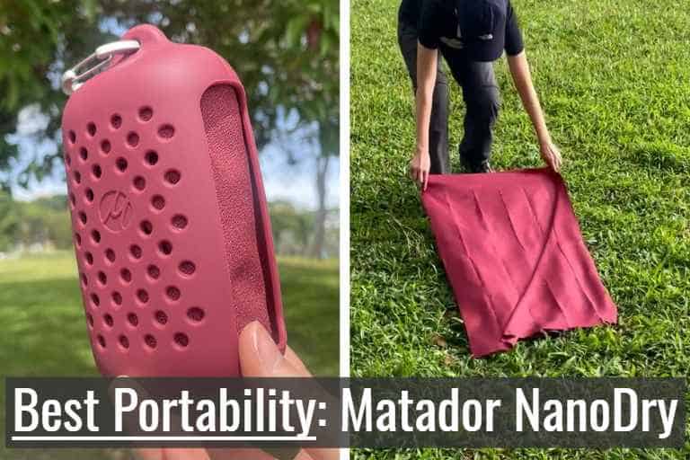 Matador NanoDry towel in storage pouch (left), and Matador NanoDRy towel unfolded (right).