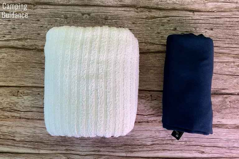 The Rainleaf Towel (right) and the cotton towel (left) in a packed size comparison - The Rainleaf towel packs down many times smaller than a regular cotton towel.