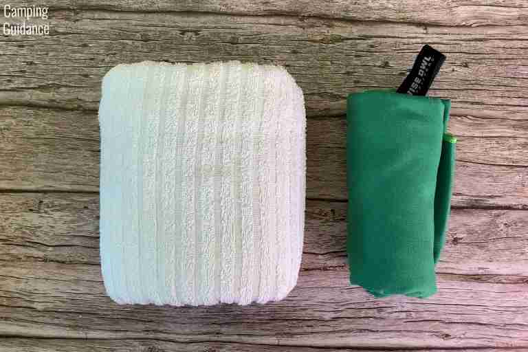 Putting a cotton towel (left) and the Wise Owl Outfitters Towel (right) side by side for a packed size comparison.