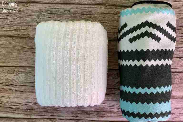Putting a cotton towel (left) and the Nomadix Original Towel (right) side by side for a packed size comparison.