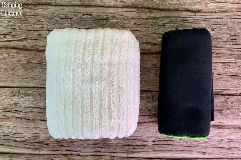 Putting a cotton towel (left) and the PackTowl Personal (right) side by side for a packed size comparison.