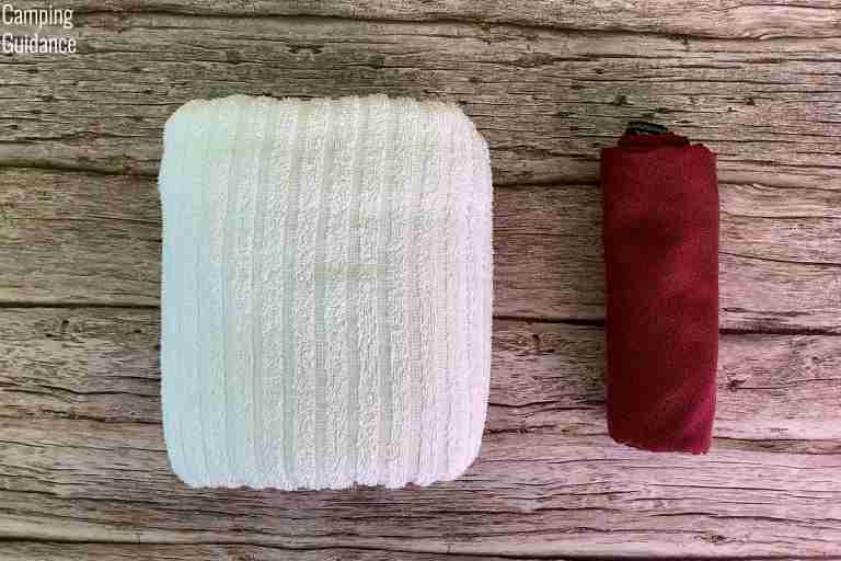 Putting a cotton towel (left) and the Matador NanoDry (right) side by side for a packed size comparison.