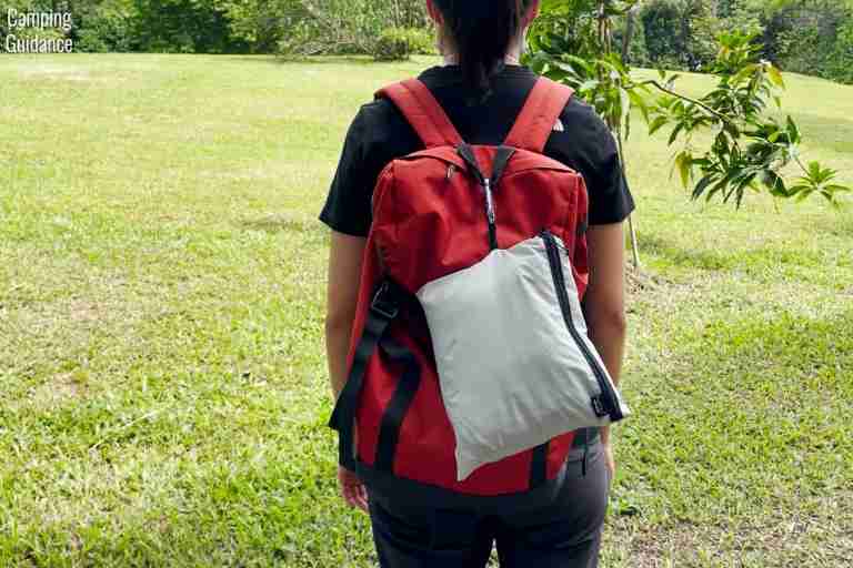Here's what the PackTowl Luxe looks like when hung from its storage pouch on my daypack.
