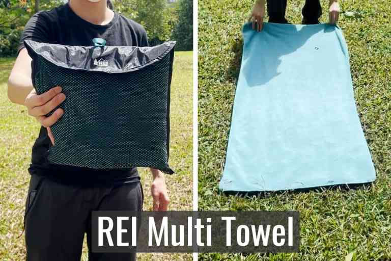 REI Multi towel in storage pouch (left), and REI Multi towel unfolded (right).
