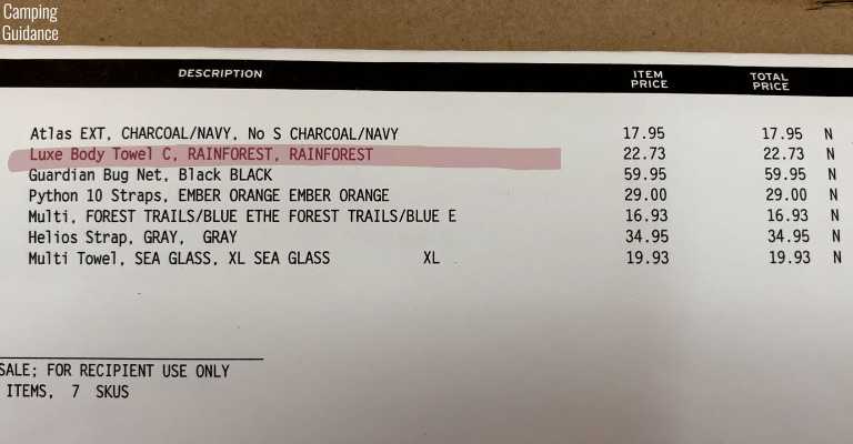 My receipt from REI Co-Op; in this receipt, I bought the PackTowl Luxe (highlighted in red), the REI Multi Towel and the REI Multi Towel Lite.