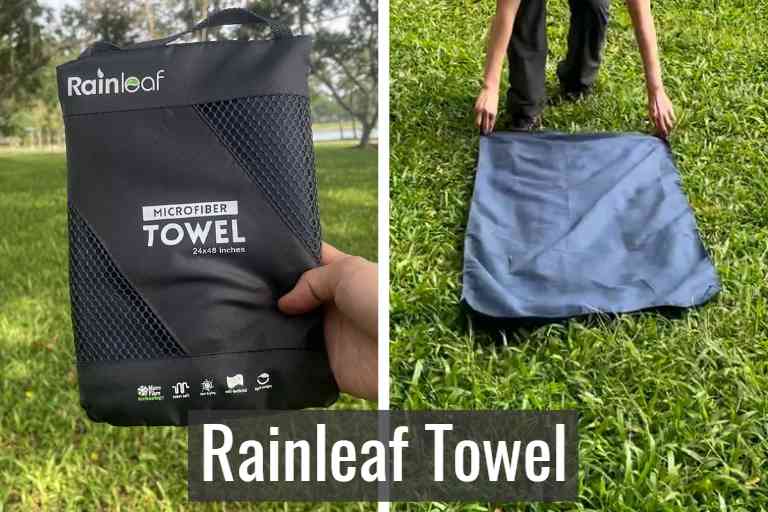 Rainleaf towel in storage pouch (left), and Rainleaf towel unfolded (right).