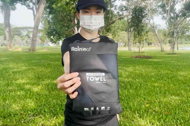 The Rainleaf Microfiber Towel in its storage pouch.