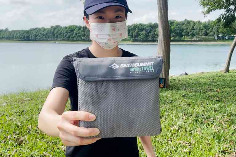 The Sea to Summit Drylite towel in its storage pouch.