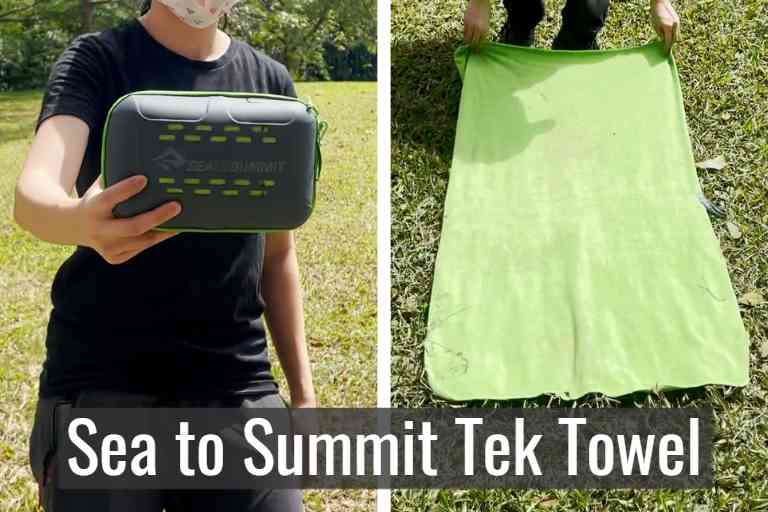  Sea to Summit Tek towel in storage pouch (left), and Sea to Summit Tek towel unfolded (right).