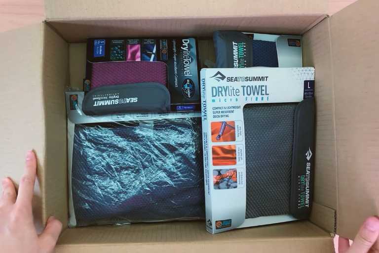 Sea to Summit Drylite towels in an Amazon box.