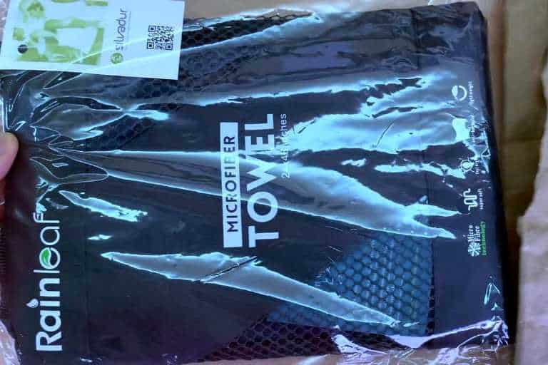 Packaging of the Rainleaf towel after taking it out of the Amazon package.