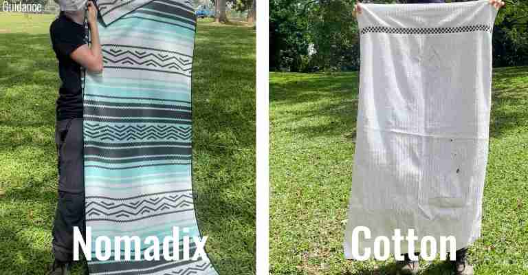 Unpacked size of the Nomadix Original Towel compared to a regular cotton bath towel.