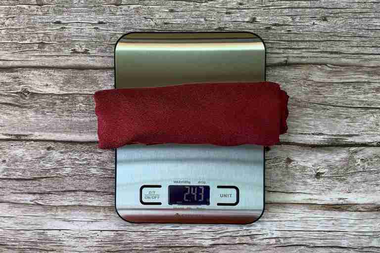 Weighing the Matador NanoDry towel in ounces - 2.43 ounces.