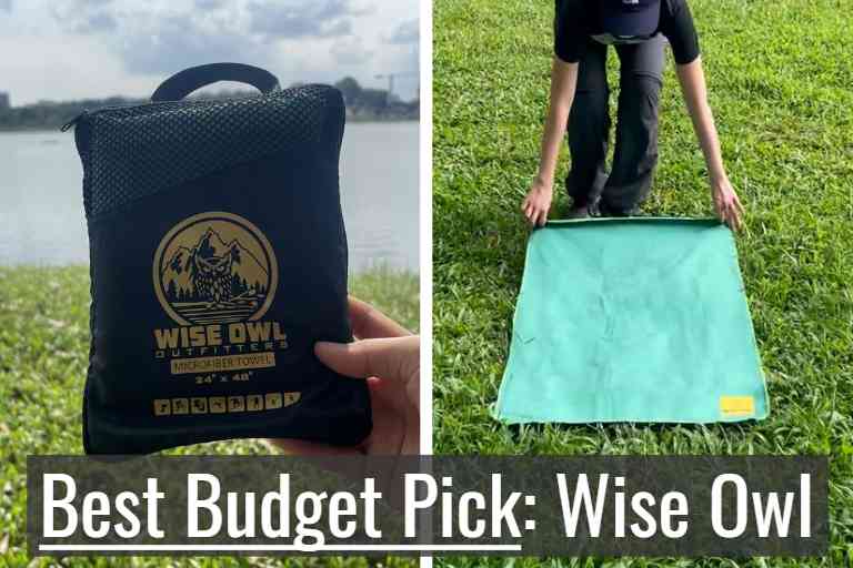 Wise Owl towel in storage pouch (left), and Wise Owl towel unfolded (right).