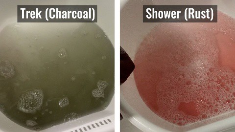 Bleeding of the Matador NanoDry Charcoal color (left) and the Rust color (right)