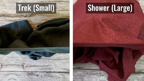 Thickness of the Matador NanoDry Trek Towel (left) and Shower Towel (right).