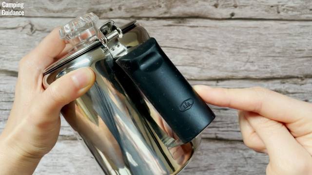 The silicone handle of the GSI Outdoors Glacier 3-Cup Percolator.