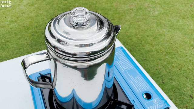 The Coleman 12-Cup Stainless Steel Percolator on top of my Coleman Portable Butane Stove.