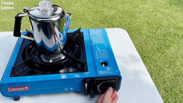 The GSI Outdoors Glacier 3-Cup Percolator on the Coleman Portable Butane Stove.