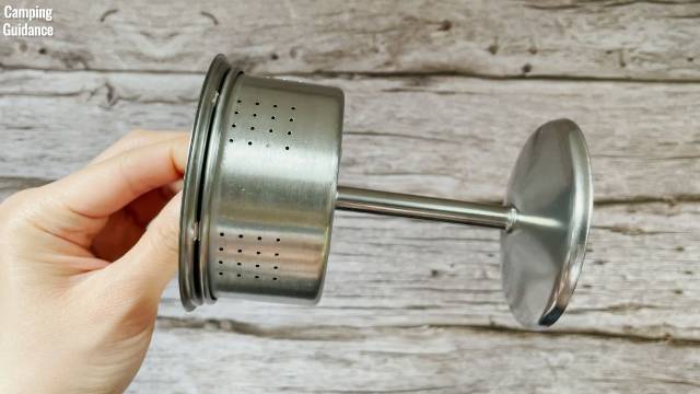 The stainless steel stem, filter basket and spreader (basically, the inner percolator) of the GSI Outdoors Glacier 3-Cup Percolator.