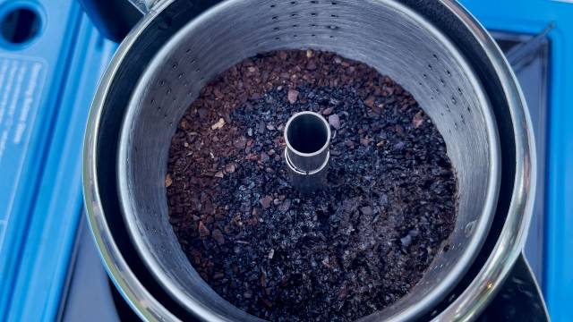 Partially used grounds when I tried brewing 1 cup of coffee in a 3-Cup GSI Outdoors Glacier Percolator.