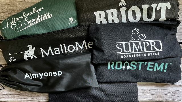 Here's a picture of all my marshmallow roasting sticks' storage pouches from left to right and top to bottom (Carpathen, Briout, MalloMe, Sumpri, Ajmyonsp, Jolly Green and Ezire).
