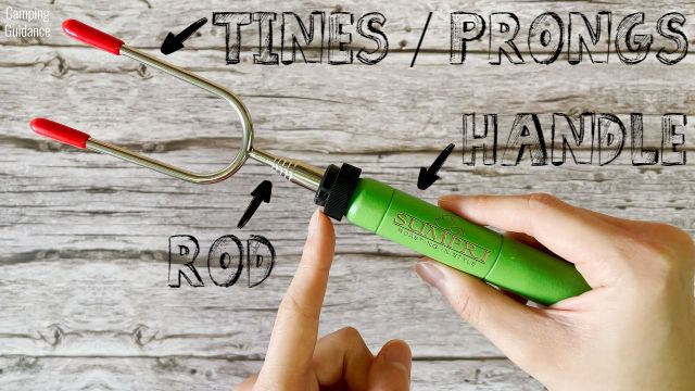 This is a picture showing you where the tines / prongs, handle and rod of a marshmallow roasting stick are.