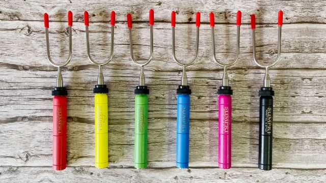 Here are the red, yellow, green, blue, purple and black colored handles of the Sumpri Marshmallow Roasting Sticks.