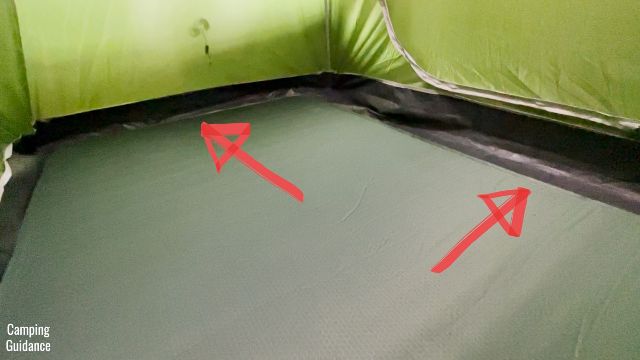 With the Exped MegaMat Duo 10 Medium Double inside a Coleman 2-Person Sundome Tent, there is some leftover space for gear at the sides.