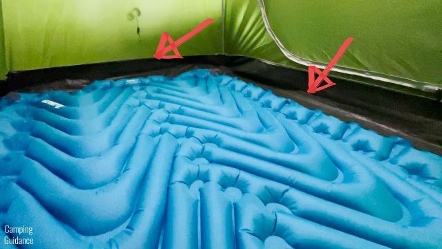 This is the Klymit Double V Uninsulated Sleeping Pad inside a Coleman 2-Person Sundome Tent. You can see that there's some space leftover at the sides for gear.