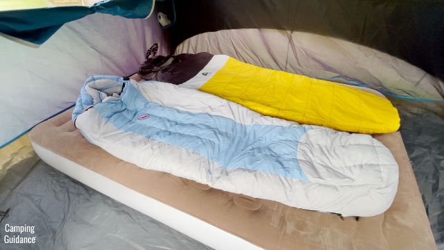 This is a picture of 2 sleeping bags on top of the Etekcity Upgraded Camping Air Mattress.