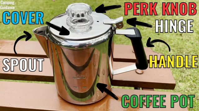 Here's the anatomy of a camping coffee percolator. This picture shows you the different parts of the camping percolator that you can see from the outside (cover, spout, perk knob, cover hinge, handle and pot).