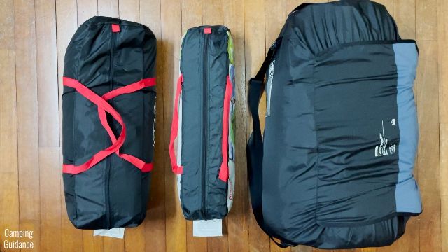 Here are the packed sizes of a Coleman 4-Person Dome Tent (left), a Coleman 2-Person Sundome Tent (middle), and the REI Camp Dreamer Double (right).