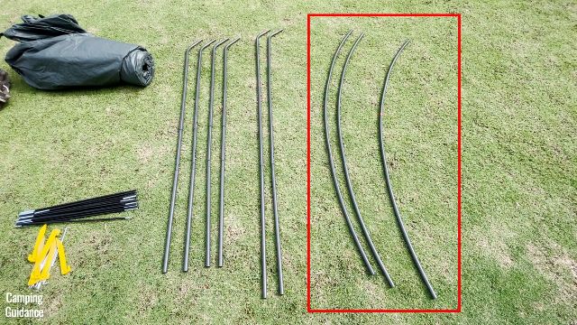 After assembly, here’s what all of the WeatherMaster 10-Person Tent’s steel poles look like. I put a red box around the 3 curved steel poles, because you need to set those up first.