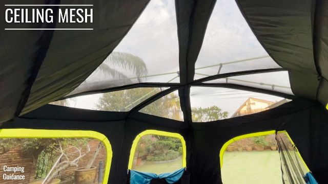 This is what the ceiling mesh of the Coleman 10-Person Instant Cabin Tent looks like when the rainfly has been removed.