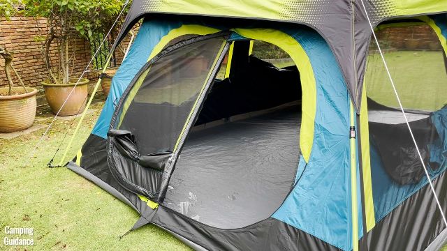 This is the hinged D-door of the Coleman 10-Person Instant Cabin Tent, which I've left open in this picture.