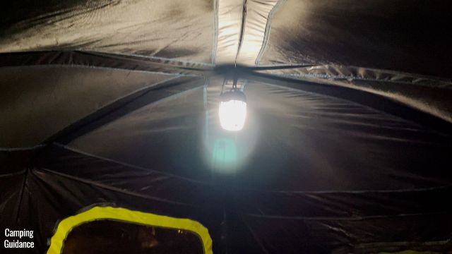 This is a picture where I hung my Black Diamond Apollo lantern on the lantern loop of the Coleman 10-Person Instant Cabin Tent.