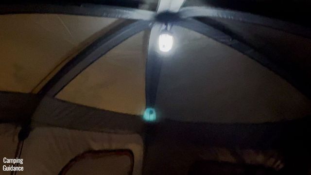 This is a picture of my Black Diamond Apollo lantern hanging on the single lantern loop in the Core 10-Person Straight Wall Cabin Tent.