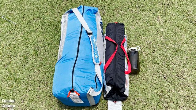 This is what the Columbia Mammoth Creek 10-Person Tent (left) looks like beside a Coleman 2-Person Sundome Tent (middle), and a 32-ounce Nalgene bottle (right).