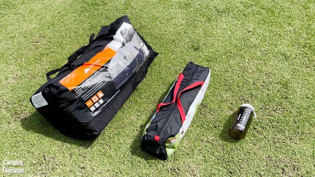 This is a picture of the Ozark Trail 10-Person Cabin Tent (left) beside a Coleman 2-Person Sundome Tent (middle) and a 32-ounce Nalgene bottle (right), for a size comparison.