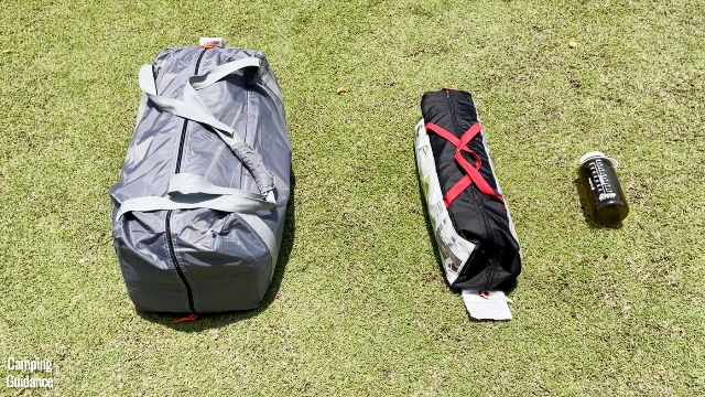 This is a packed up Core 10-Preson Straight Wall Cabin Tent (left) beside a Coleman 2-Person Sundome Tent (middle) and a 32-ounce Nalgene bottle (right).